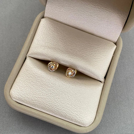 18k Tri-Color Gold Flower CZ Stud Earrings 5.25mm Colombian Handcrafted