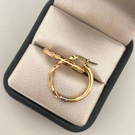 18k Tri-Color Gold Twisted Smooth Hoop Earrings Detail