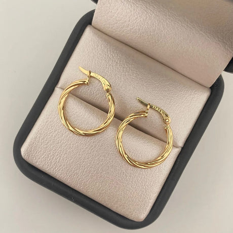 18k Yellow Gold Twisted Hoop Earrings 2cm Colombian Handcrafted