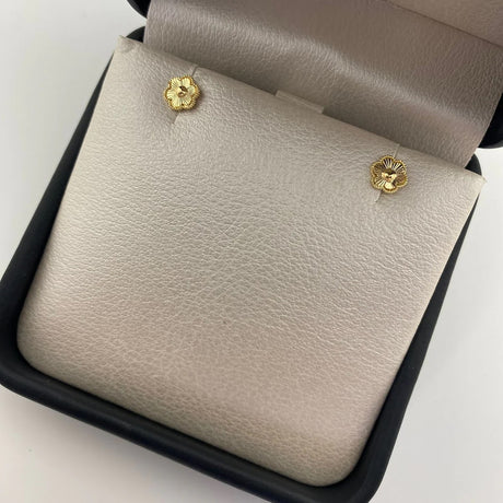 18k Yellow Gold Diamond-Cut Clover Stud Earrings 5mm Colombian