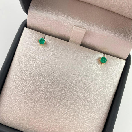18k Yellow Gold Emerald Stud Earrings 3.6mm Colombian Handcrafted